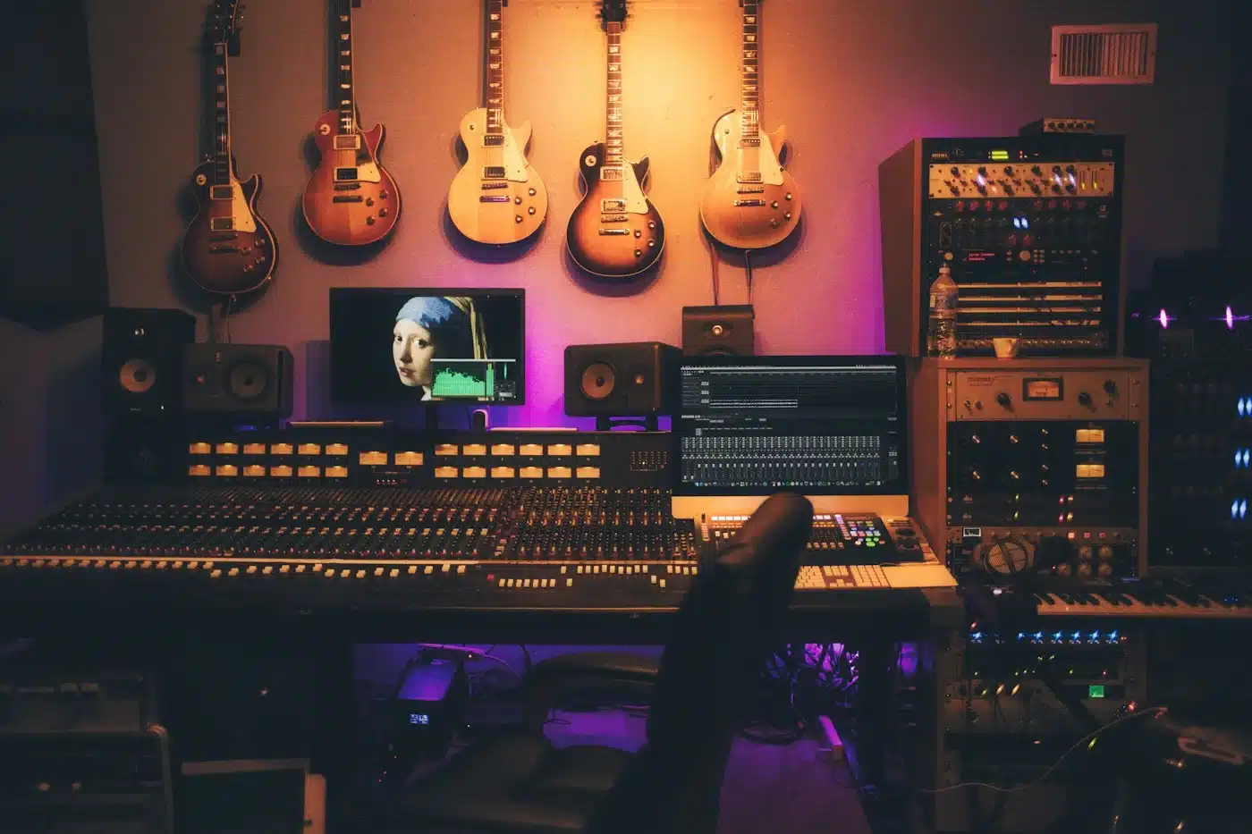 Music studio with a mixing desk and production equipment